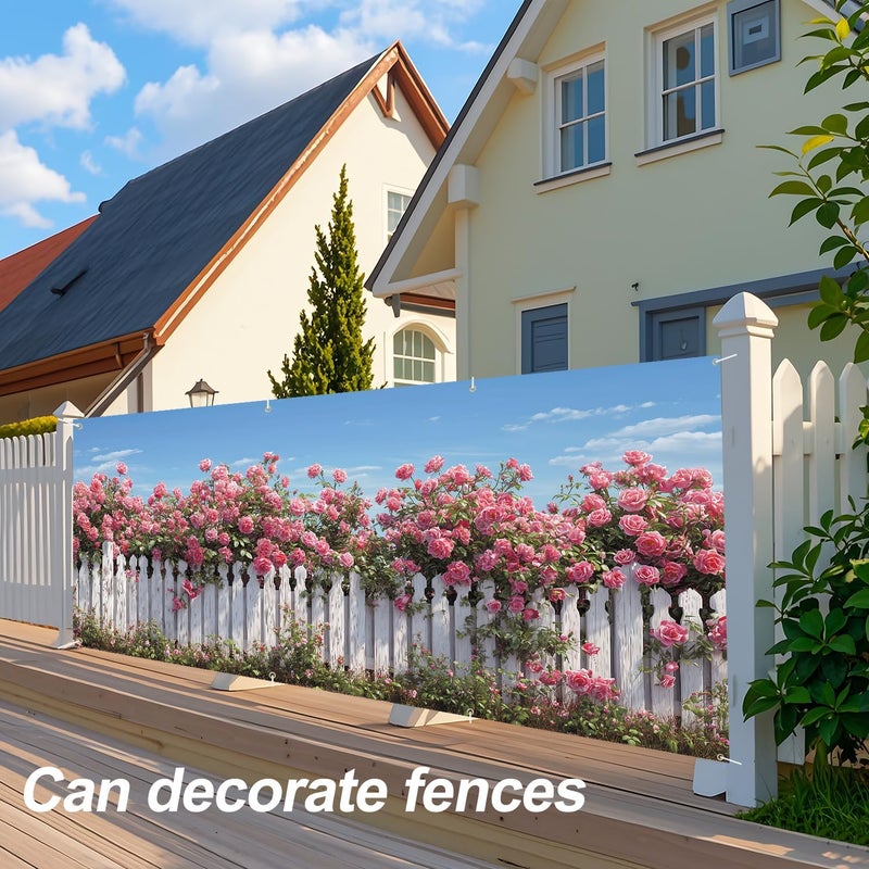 ANNA QUEEN Rose Garden Garage Door Banner 6x13FT, Pink Roses and White Fence Garage Door Cover, Large Outdoor Floral Decoration for Garage Doors, Garden Fence & Spring Summer Party Backdrop - Image 5